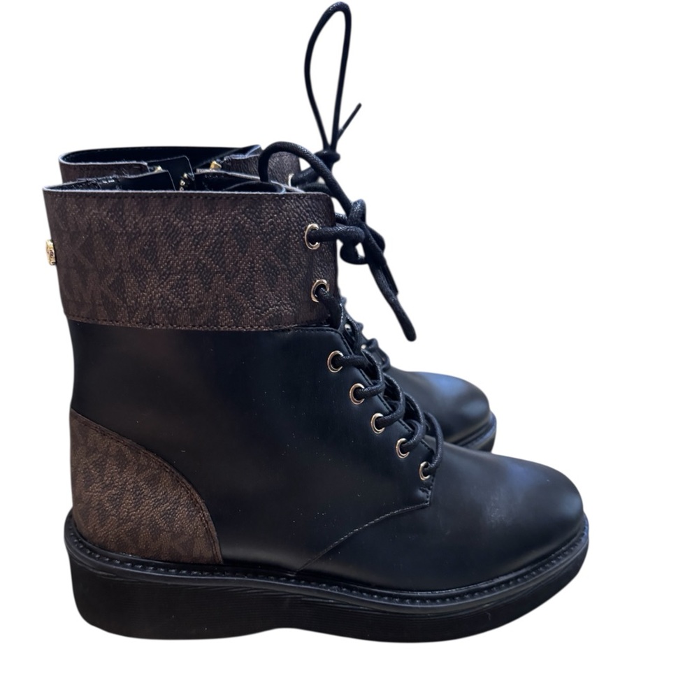 Michael Kors Women Aniya Lug Black Leather and Brown Logo Lace-Up Platform Boots